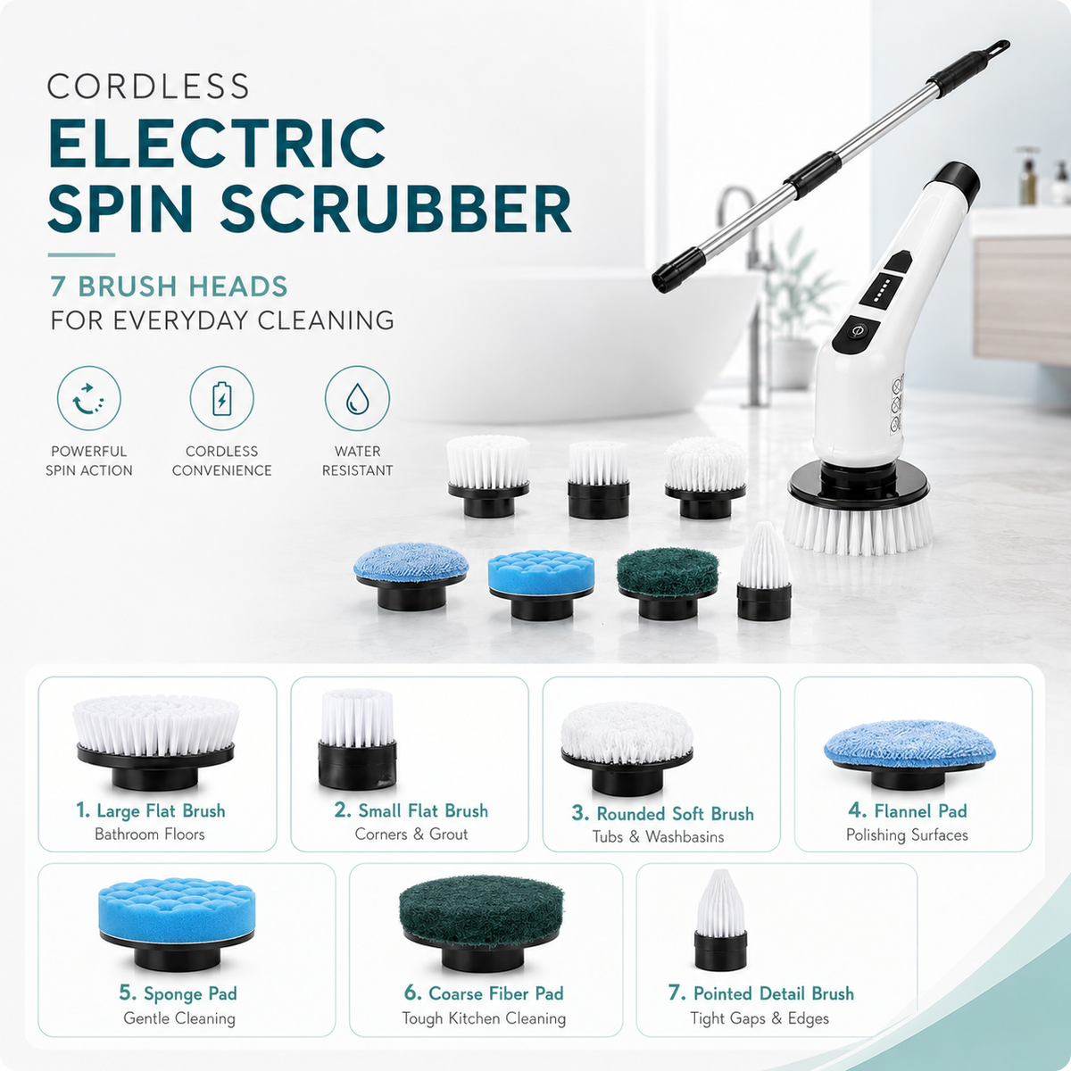 Cordless Electric Spin Scrubber – 7 Brush Heads