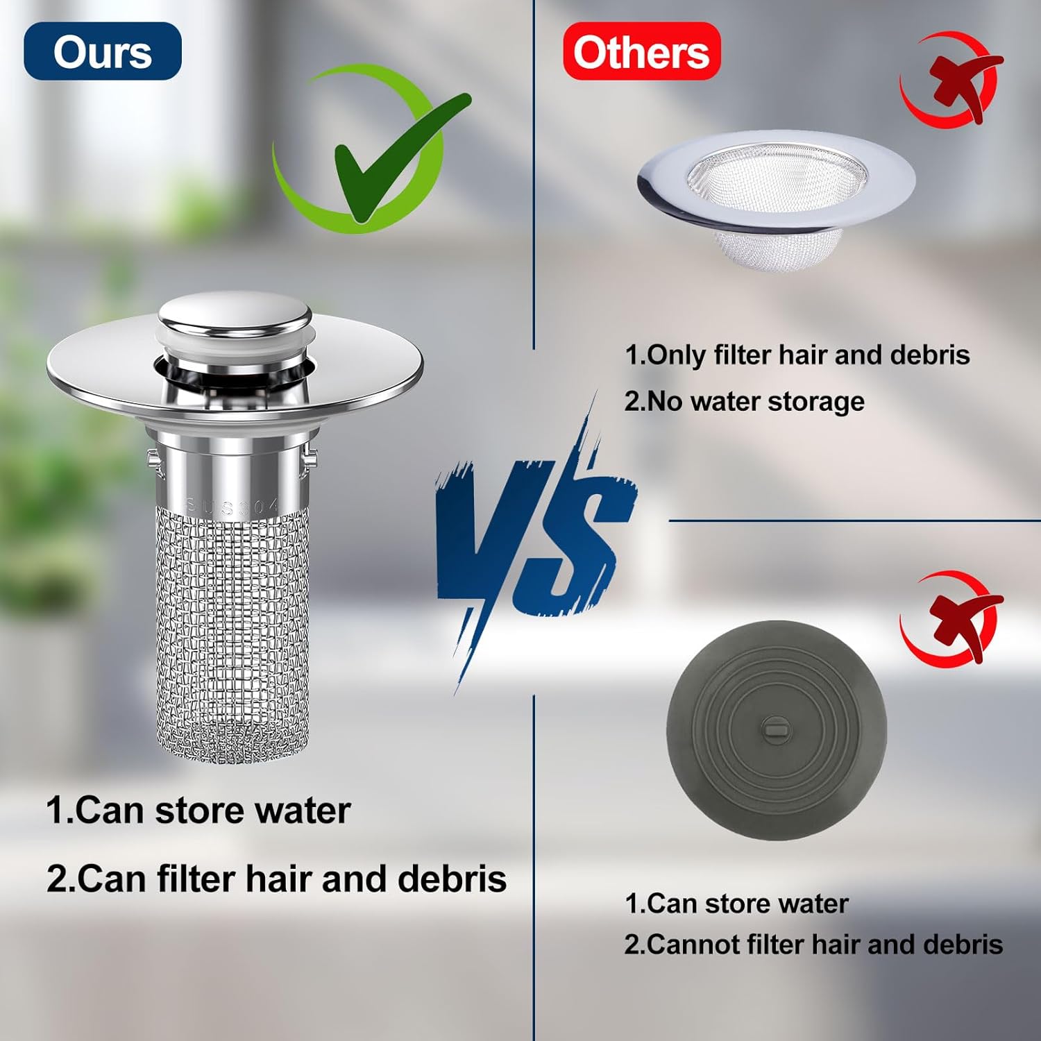 Bathroom Sink Stopper — Pop-Up Stainless Steel Plug