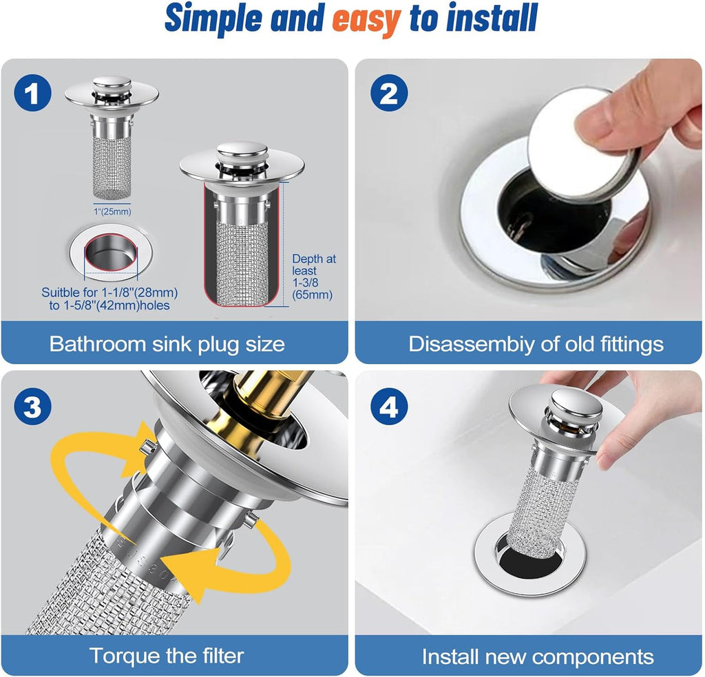 Bathroom Sink Stopper — Pop-Up Stainless Steel Plug